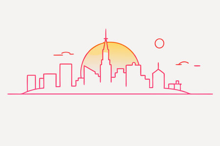 A minimalist line-art city skyline with a glowing neon sunsetのイラスト素材