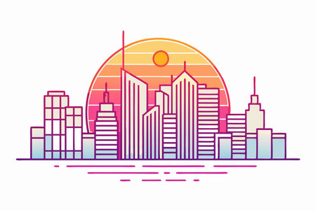 A minimalist line-art city skyline with a glowing neon sunsetのイラスト素材