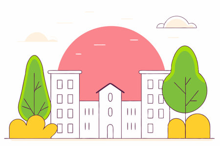 A minimalist line-art city skyline with a glowing neon sunsetのイラスト素材