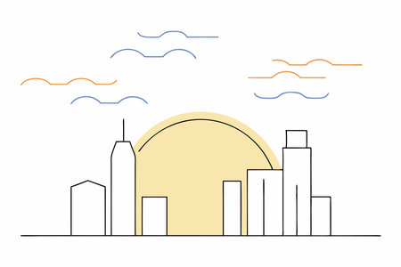 A minimalist line-art city skyline with a glowing neon sunsetのイラスト素材