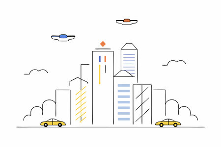 A sci-fi cityscape with towering, futuristic skyscrapers and flying vehiclesのイラスト素材