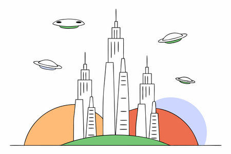 A sci-fi cityscape with towering, futuristic skyscrapers and flying vehiclesのイラスト素材