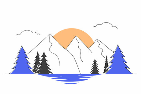 A serene mountain range with pine trees and a glowing sunset in the backgroundのイラスト素材