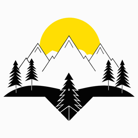 A serene mountain range with pine trees and a glowing sunset in the backgroundのイラスト素材