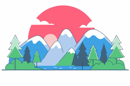A serene mountain range with pine trees and a glowing sunset in the backgroundのイラスト素材