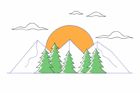 A serene mountain range with pine trees and a glowing sunset in the backgroundのイラスト素材