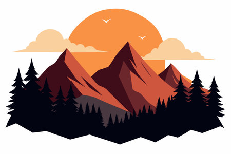 A serene mountain range with pine trees and a glowing sunset in the backgroundのイラスト素材