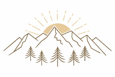 A serene mountain range with pine trees and a glowing sunset in the backgroundのイラスト素材