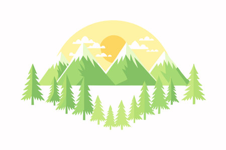 A serene mountain range with pine trees and a glowing sunset in the backgroundのイラスト素材