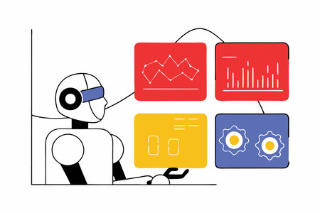 AI powered humanoid robot interacting with holographic data screensのイラスト素材
