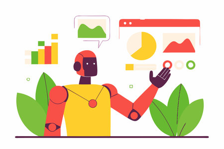 AI powered humanoid robot interacting with holographic data screensのイラスト素材