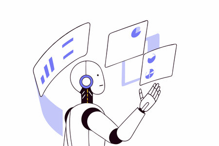 AI powered humanoid robot interacting with holographic data screensのイラスト素材