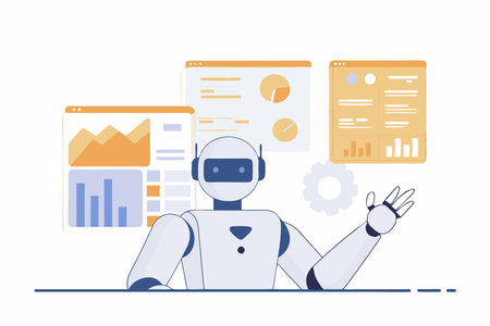 AI powered humanoid robot interacting with holographic data screensのイラスト素材