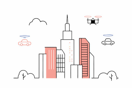 A sci-fi cityscape with towering, futuristic skyscrapers and flying vehiclesのイラスト素材