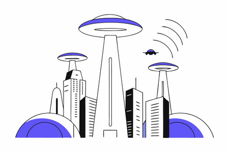 A sci-fi cityscape with towering, futuristic skyscrapers and flying vehiclesのイラスト素材