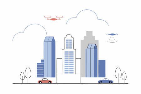 A sci-fi cityscape with towering, futuristic skyscrapers and flying vehiclesのイラスト素材