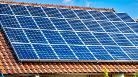Solar photovoltaic panels on the roof backgroundの写真素材