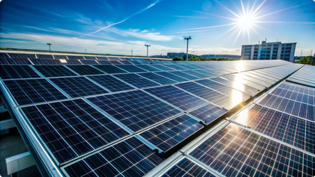 Solar photovoltaic panels on the roof backgroundの写真素材