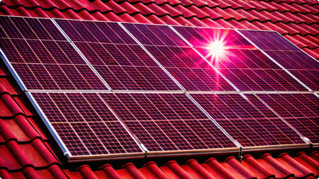 Solar photovoltaic panels on the roof backgroundの写真素材