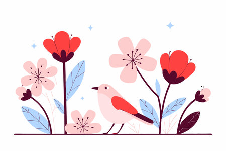 Bird and flowers illustration vector on white backgroundのイラスト素材