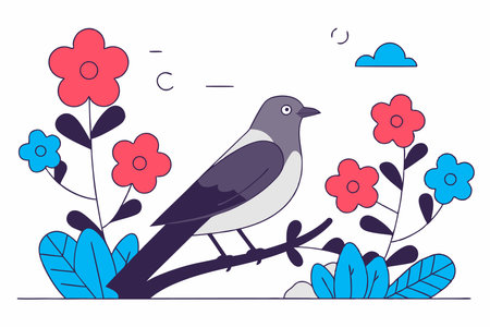 Bird and flowers illustration vector on white backgroundのイラスト素材