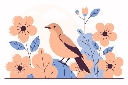 Bird and flowers illustration vector on white backgroundのイラスト素材