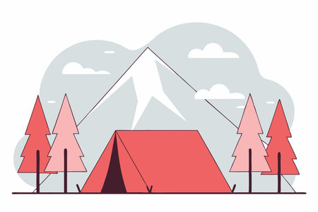 Camping tent in front of the mountain and between pine trees illustration vector on white backgroundのイラスト素材