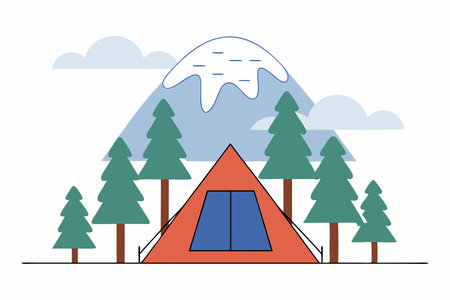 Camping tent in front of the mountain and between pine trees illustration vector on white backgroundのイラスト素材