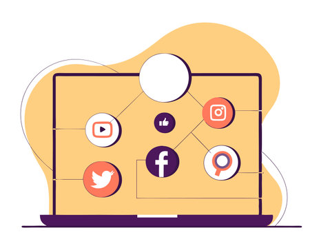 Computer with social media icons illustrationのイラスト素材
