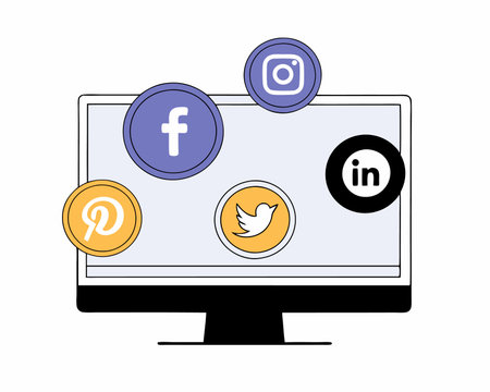 Computer with social media icons illustrationのイラスト素材