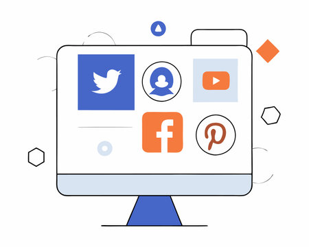 Computer with social media icons illustrationのイラスト素材