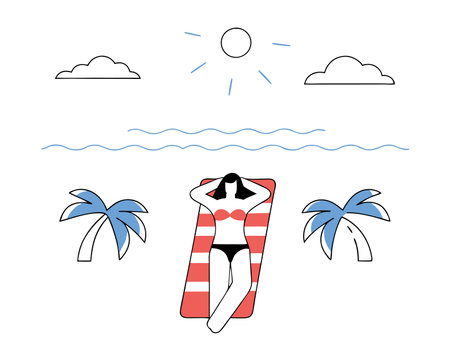 Woman relaxing on the beach illustrationのイラスト素材