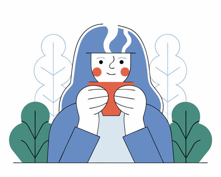 Young woman drinking coffee character illustration;のイラスト素材