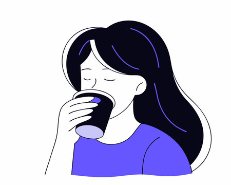 Young woman drinking coffee character illustration;のイラスト素材
