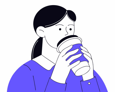 Young woman drinking coffee character illustration;のイラスト素材