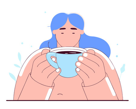Young woman drinking coffee character illustration;のイラスト素材