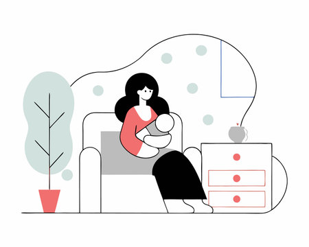 A breastfeeding mother in a line art style illustration on a white backgroundのイラスト素材