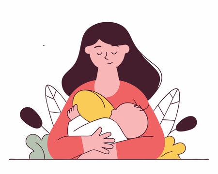 A breastfeeding mother in a line art style illustration on a white backgroundのイラスト素材
