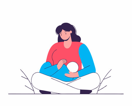 A breastfeeding mother in a line art style illustration on a white backgroundのイラスト素材
