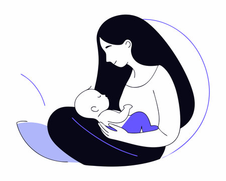 A breastfeeding mother in a line art style illustration on a white backgroundのイラスト素材
