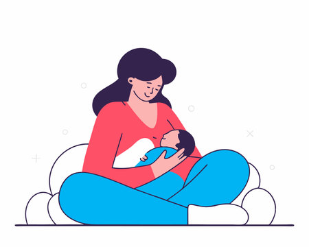 A breastfeeding mother in a line art style illustration on a white backgroundのイラスト素材