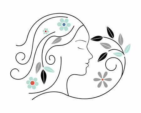 Continuous line art woman with flower illustrationのイラスト素材