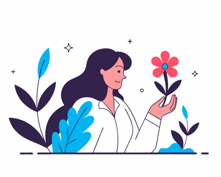 Continuous line art woman with flower illustrationのイラスト素材