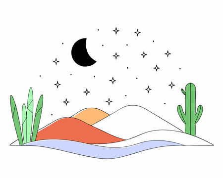 Flat night desert landscape illustrationのイラスト素材