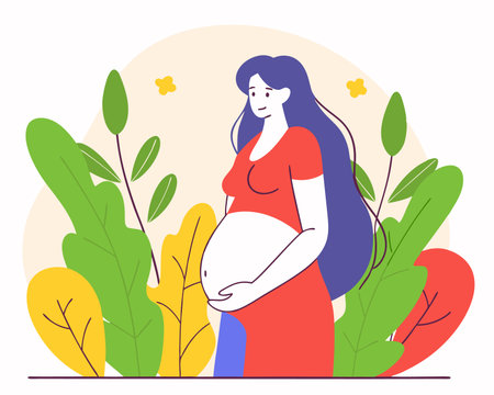 Hand drawn pregnant woman using line art style illustrationのイラスト素材