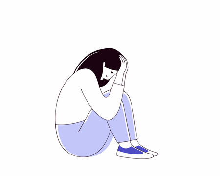Young woman feeling sad tired and worried suffering depression cartoon illustrationのイラスト素材