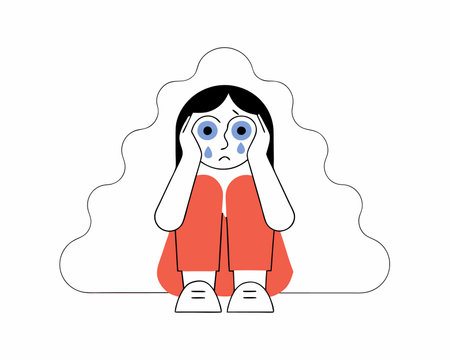 Young woman feeling sad tired and worried suffering depression cartoon illustrationのイラスト素材