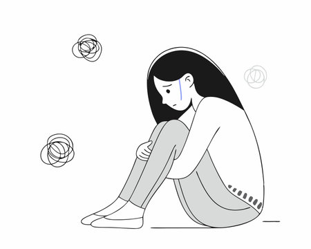 Young woman feeling sad tired and worried suffering depression cartoon illustrationのイラスト素材