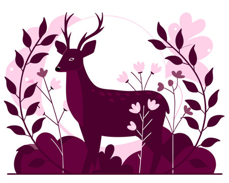 Deer decoration with plants and leaves illustrationのイラスト素材