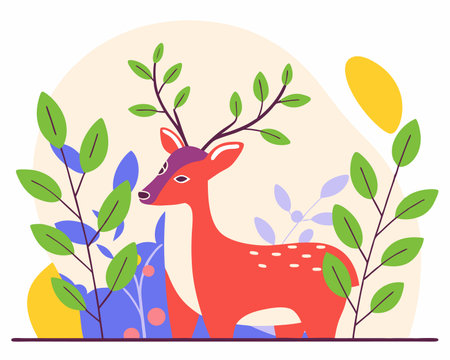 Deer decoration with plants and leaves illustrationのイラスト素材